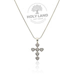 Handmade Heart-Shaped White Gemstone Sterling Cross with Snake Chain from the Holy Land