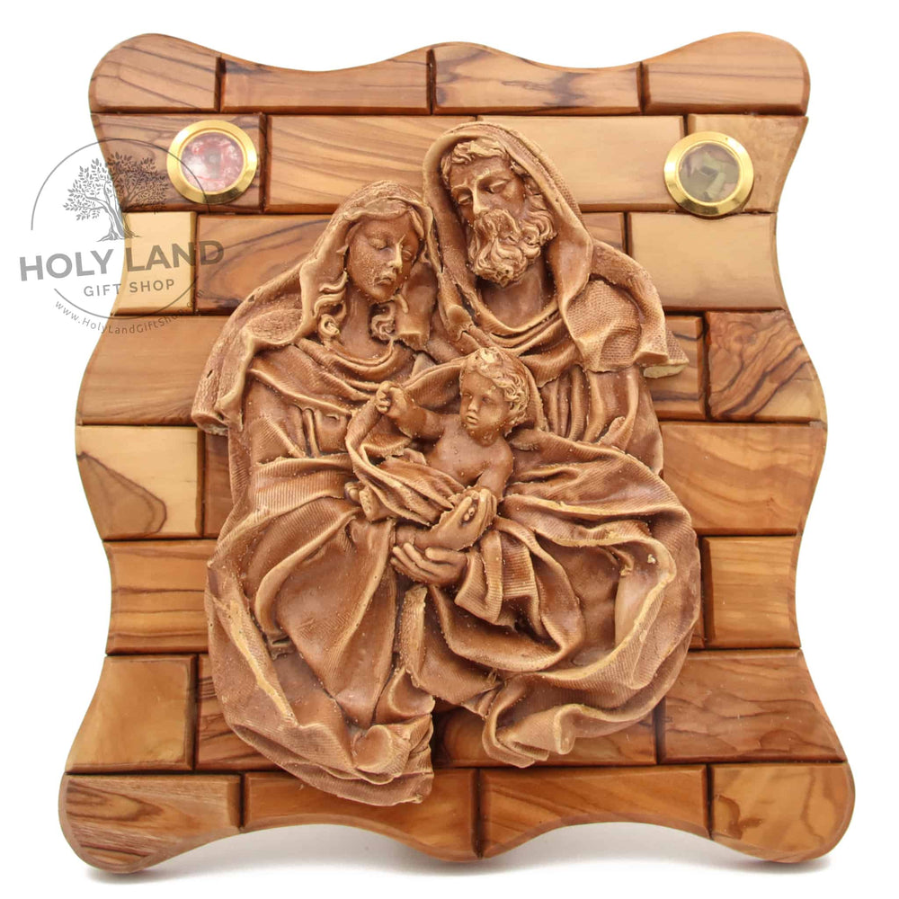 Holy Family Plaque Set in Jerusalem Olive Wood Front View