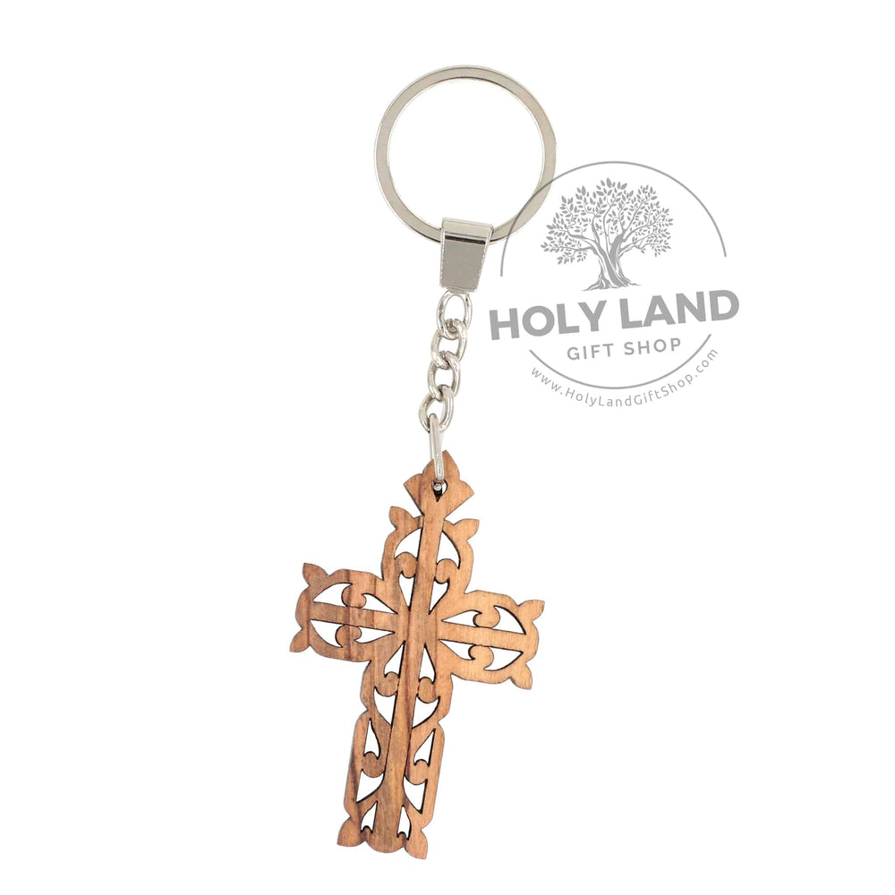 Intricate Bethlehem Olive Wood Cross Key Chain