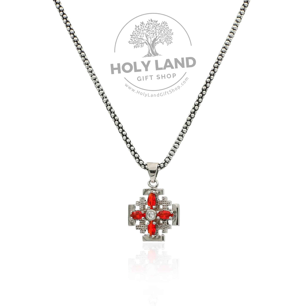 Silver Jerusalem Cross with Red Gemstones in Popcorn Style