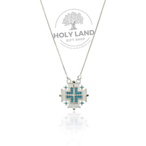 
                  
                    Load image into Gallery viewer, Handmade Jerusalem Cross with Two-Way Design in Turquoise from the Holy Land
                  
                