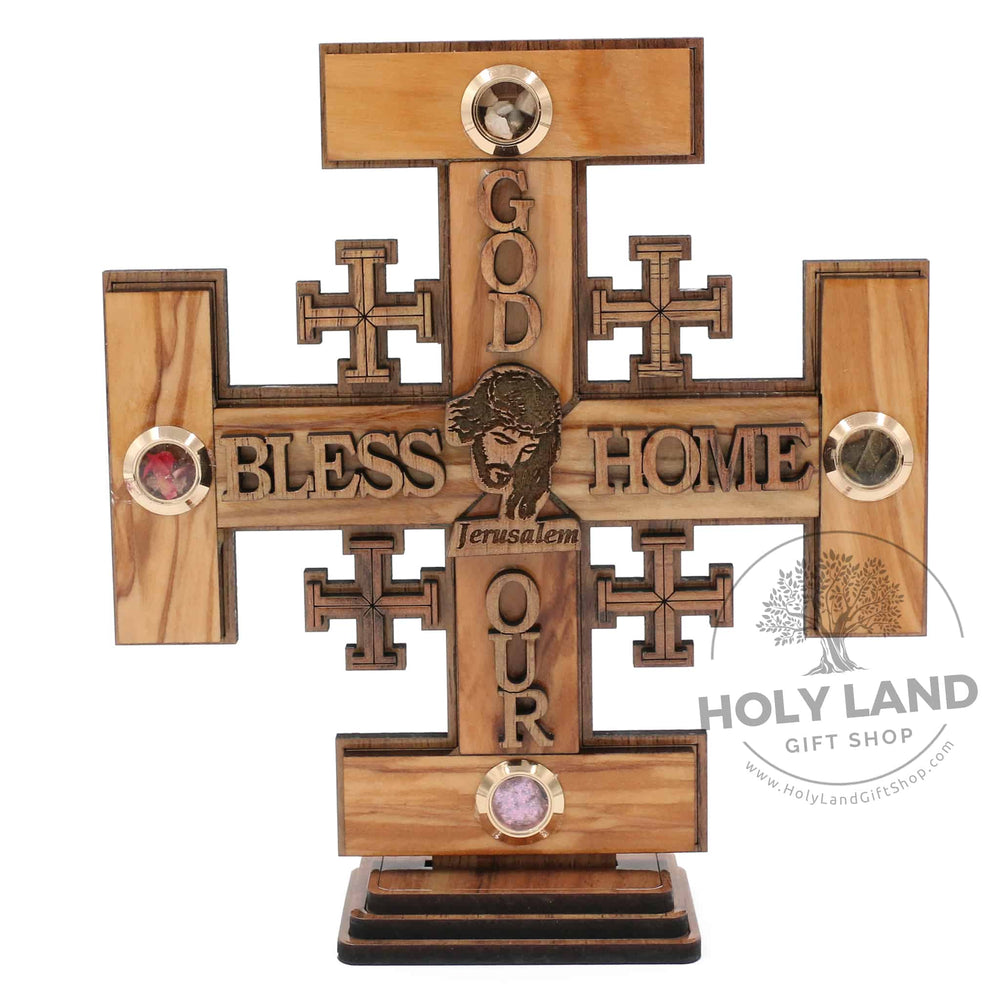 Jerusalem GBOH Olive Wood Four Elements Cross from the Holy Land