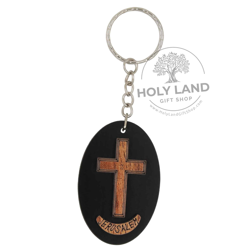 Jerusalem Olive Wood Cross Keychain - Holy Land Gift Shop