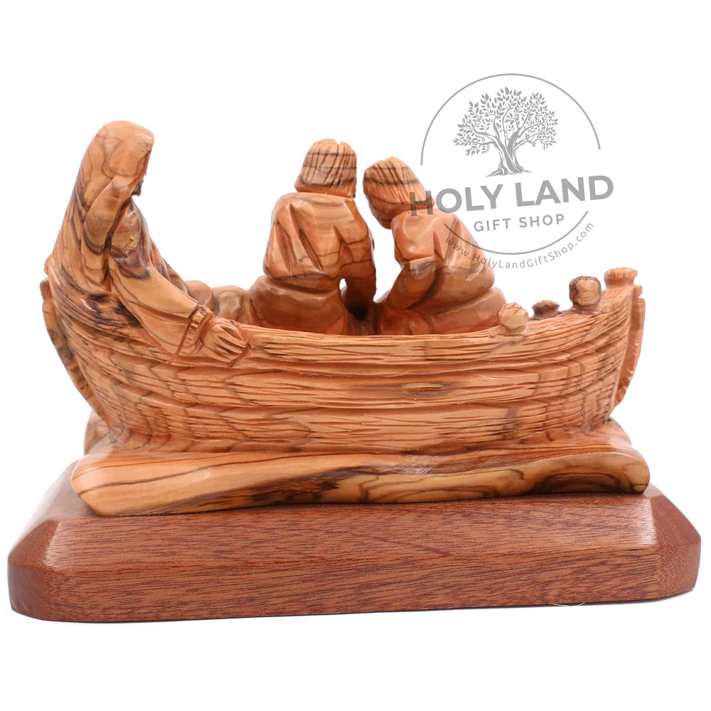 
                  
                    Load image into Gallery viewer, Jesus with His Disciples in Bethlehem Olive Wood Carved Boat Back View
                  
                