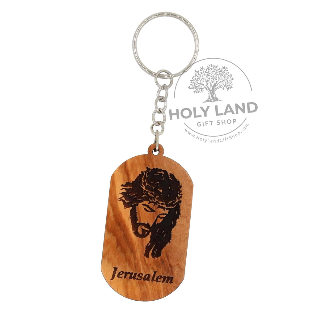 Jesus with a Crown of Thorns in Holy Land Olive Wood Keychain