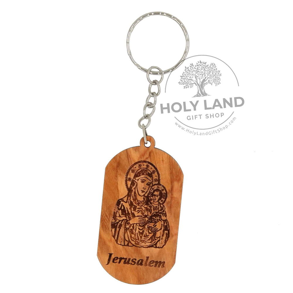 Joyful Madonna and Child Carved in Holy Land Olive Wood Keychain