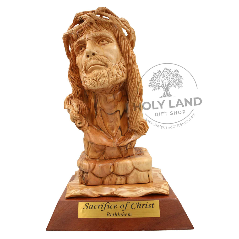 Hand Wood Carved Jesus Bust Bethlehem Olive Wood Statue from the Holy Land Front View