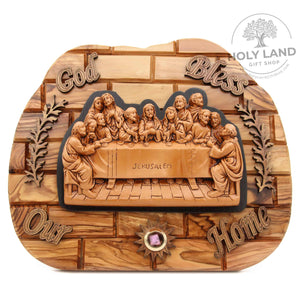 
                  
                    Load image into Gallery viewer, Last Supper Jerusalem Olive Wood and Porcelain Wall Plaque Front View
                  
                