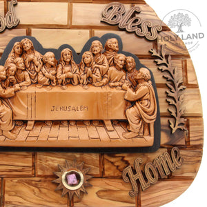 
                  
                    Load image into Gallery viewer, Last Supper Jerusalem Olive Wood and Porcelain Wall Plaque Close-up View
                  
                