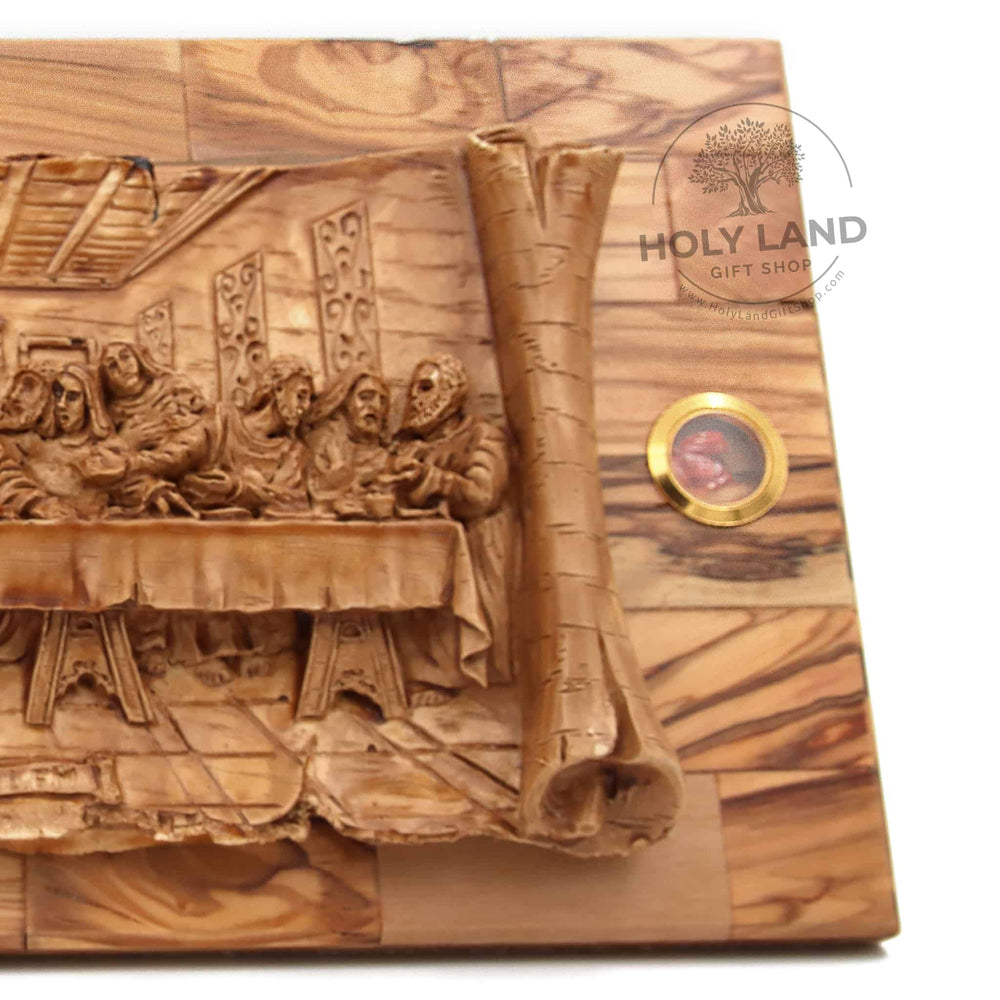 Holy Land Last Supper Plaque Hand Carved in Olive Wood Close Up View