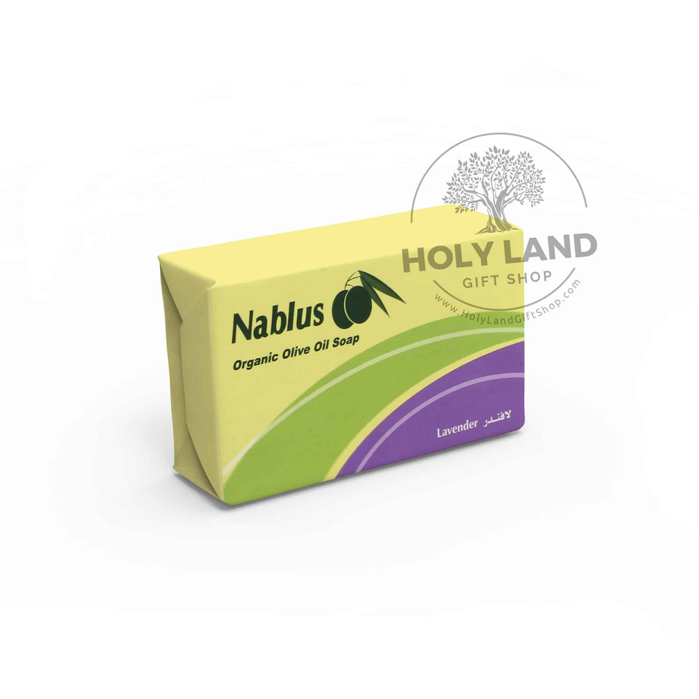 
                  
                    Load image into Gallery viewer, Lavender Handmade Organic Olive Oil Soap from the Holy Land Packaged Side View
                  
                