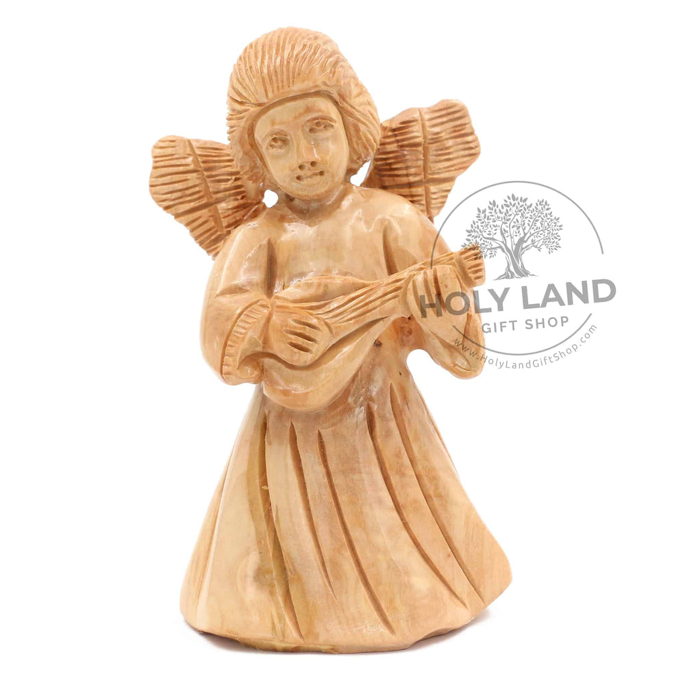 
                  
                    Load image into Gallery viewer, Cello Angel Carved in Bethlehem Olive Wood Front View
                  
                