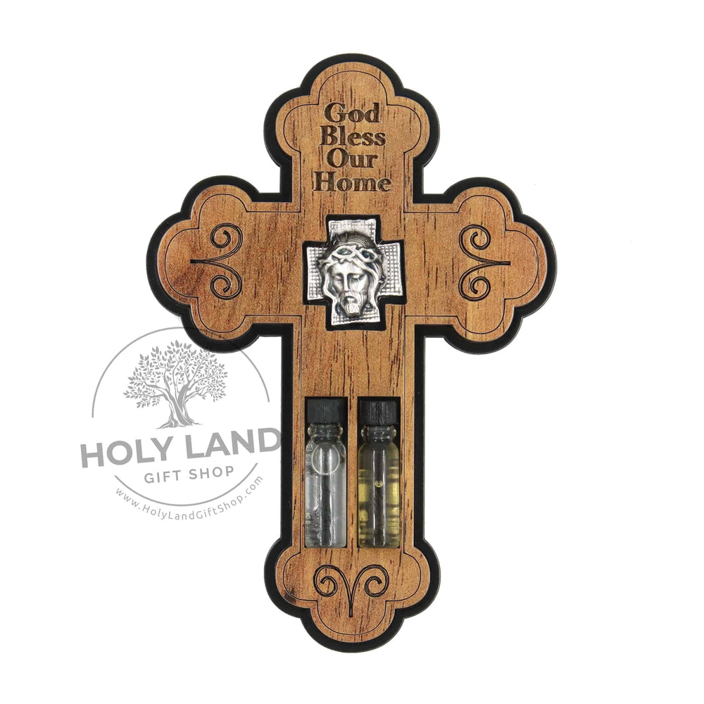 Olive Wood Bless Our Home Budded Wall Hanging Cross 