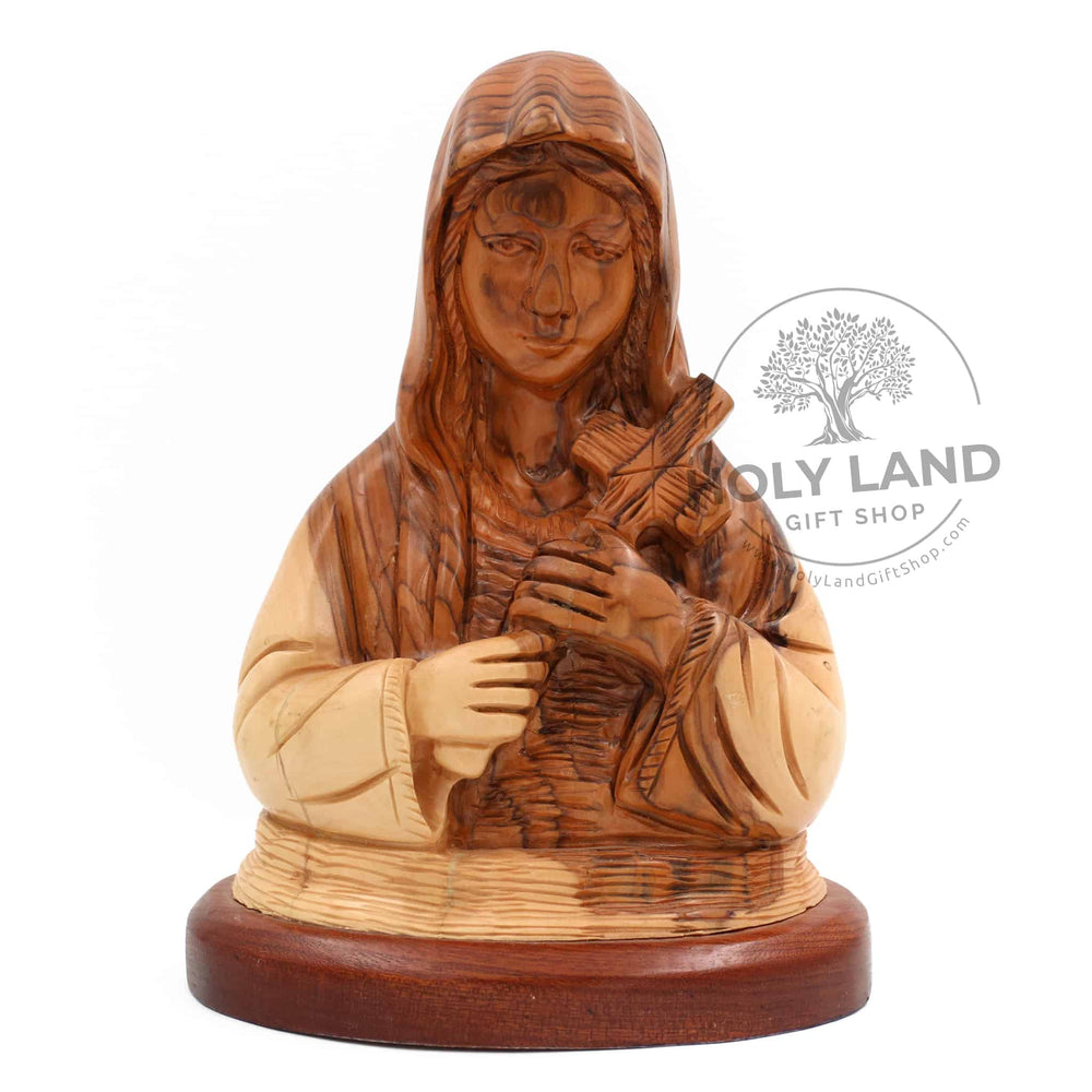 Bethlehem Olive Wood Bust of St. Teresa Holding Cross from the Holy Land Front View