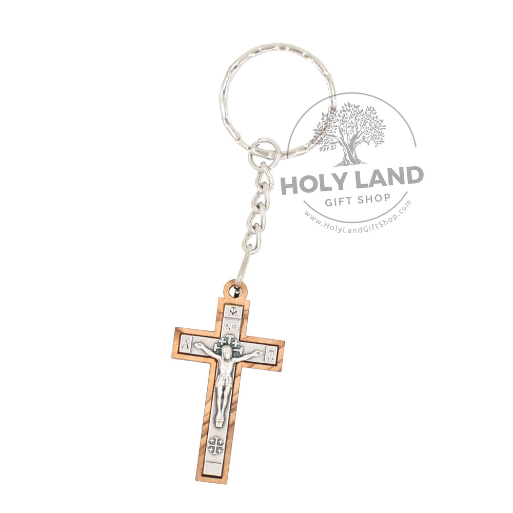 Olive Wood Carved Cross Key Chain with Meta Crucifix from the Holy Land
