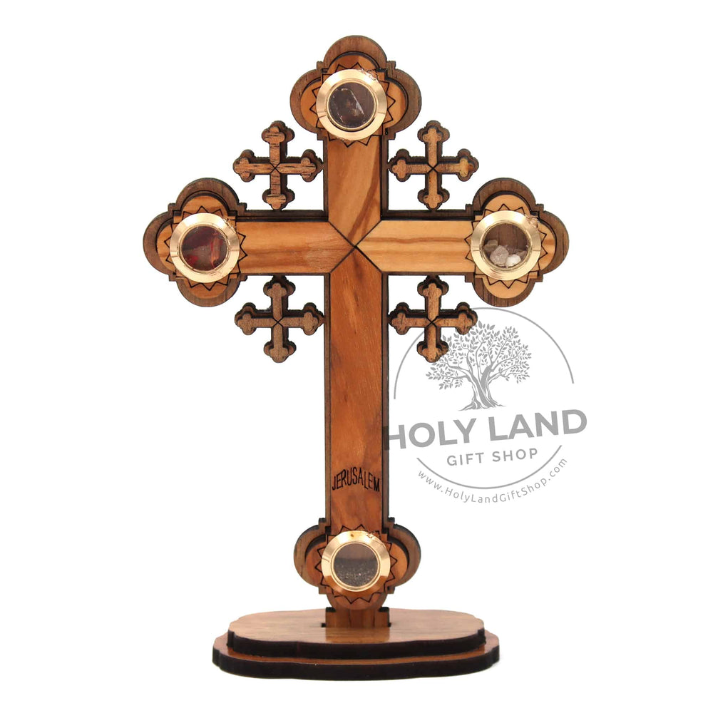 Jerusalem Olive Wood Carved Holy Land Cross on Stand