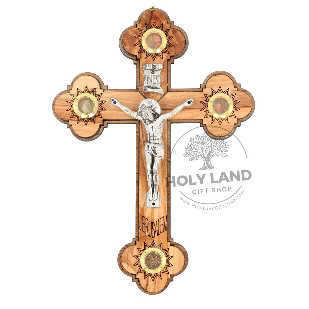 Bethlehem Olive Wood Crucifix with Four Elements from the Holy Land