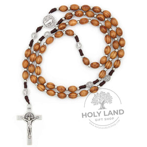 
                  
                    Load image into Gallery viewer, Olive Wood Rosary With Saint Benedict Cross  from the Holy Land Top View
                  
                