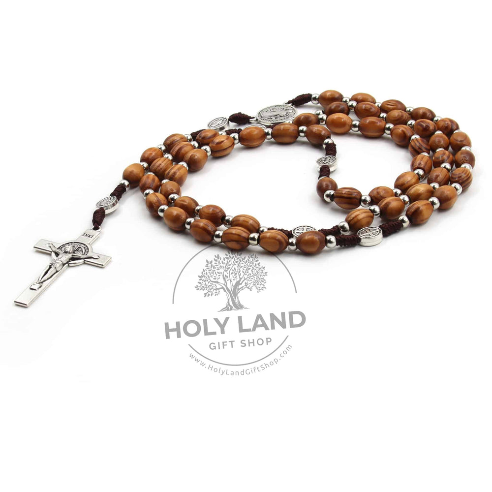 
                  
                    Load image into Gallery viewer, Olive Wood Rosary With Saint Benedict Cross  from the Holy Land Side View
                  
                
