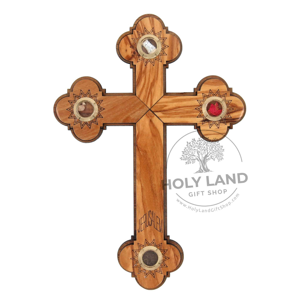Olive Wood Jerusalem Carved Four Elements Cross