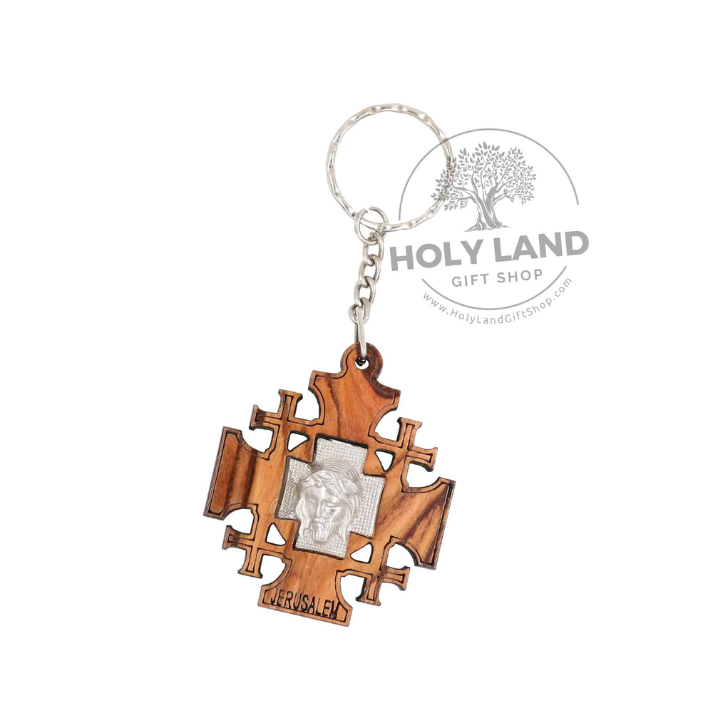 Olive Wood Jerusalem Cross with Metal Jesus Key Chain from the Holy Land