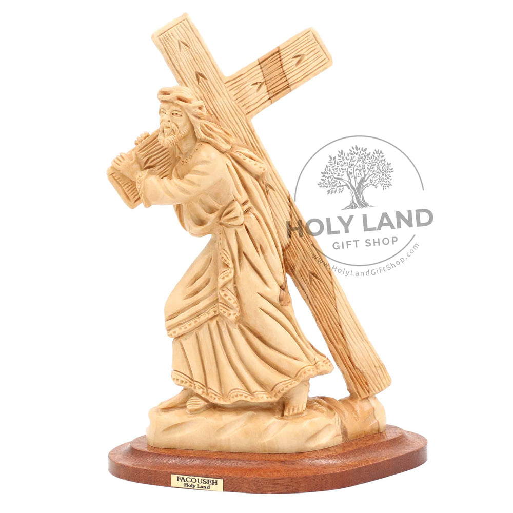 Bethlehem Olive Wood Jesus Carrying Cross Statue from the Holy Land Side View