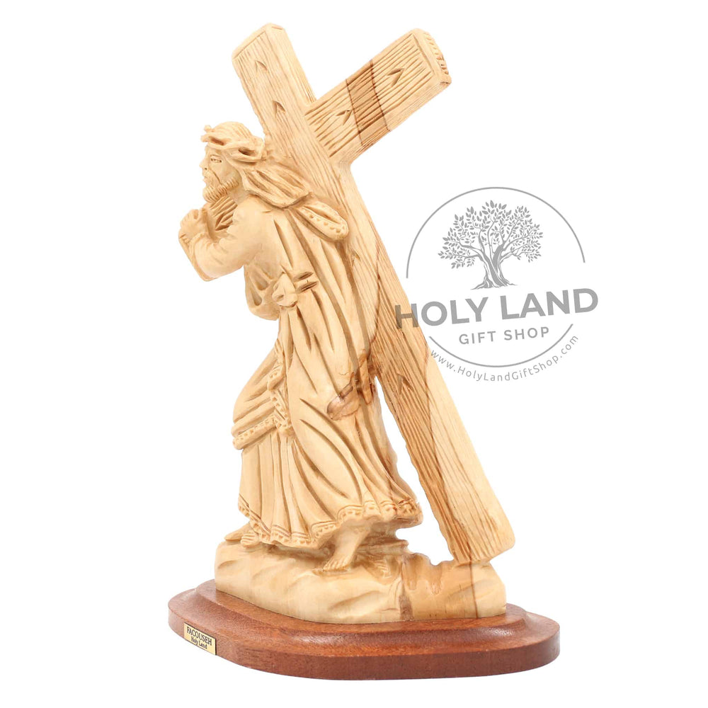 
                  
                    Load image into Gallery viewer, Bethlehem Olive Wood Jesus Carrying Cross Statue from the Holy Land Back View
                  
                
