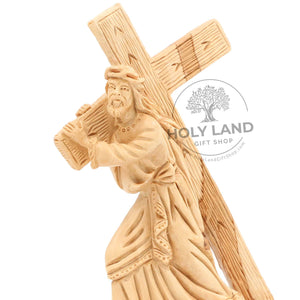 
                  
                    Load image into Gallery viewer, Bethlehem Olive Wood Jesus Carrying Cross Statue from the Holy Land Close-Up View
                  
                