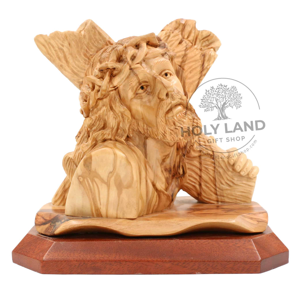 Bethlehem Olive Wood Statue of Jesus with Cross from the Holy Land Front View