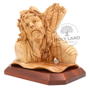 
                  
                    Load image into Gallery viewer, Bethlehem Olive Wood Statue of Jesus with Cross from the Holy Land Side View
                  
                