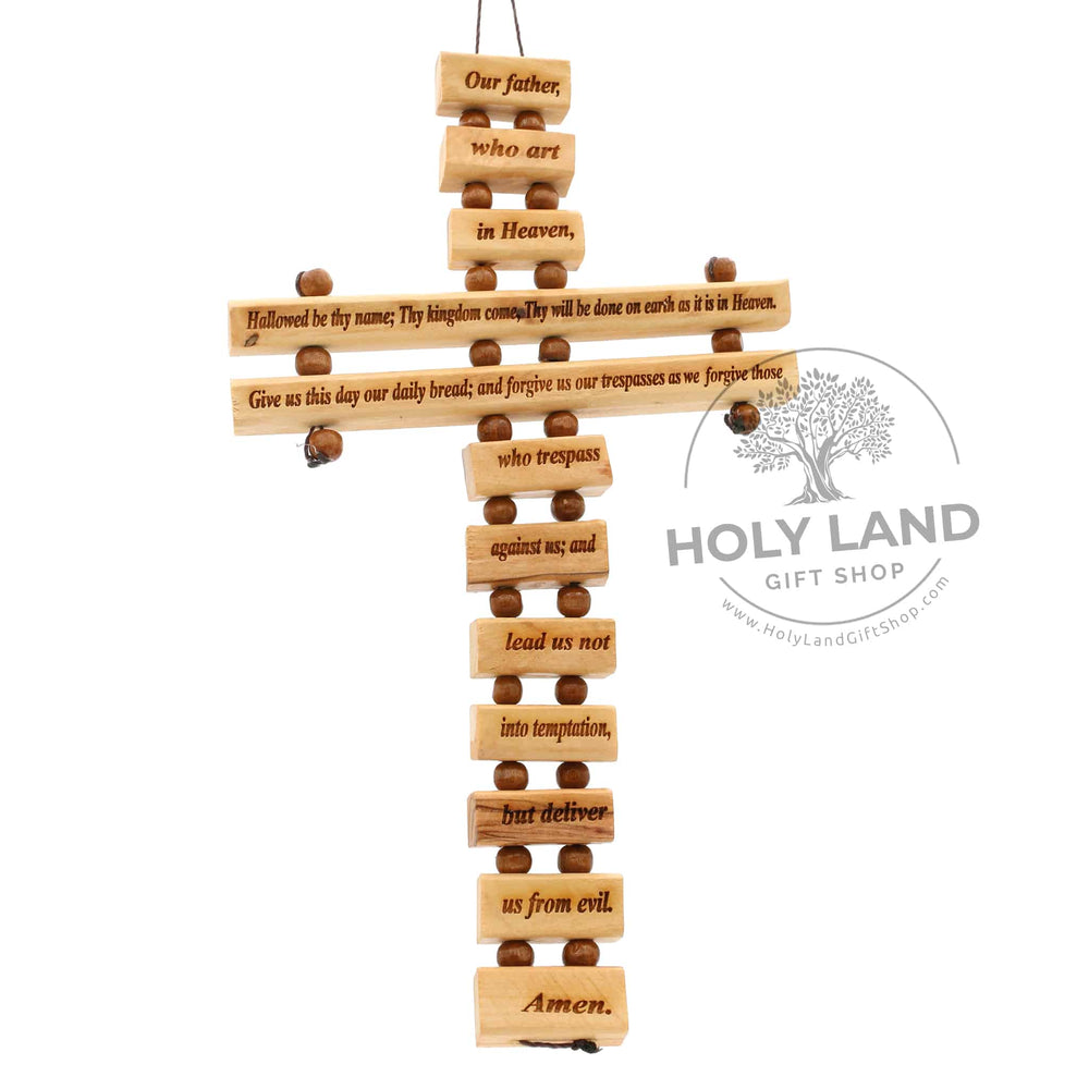 Wall Hanging Olive Wood Lord's Prayer Cross Made of Blocks from the Holy Land Front View
