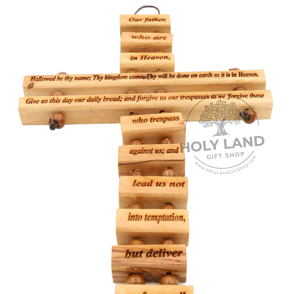 
                  
                    Load image into Gallery viewer, Bethlehem Olive Wood Lord&amp;#39;s Prayer Cross Made of Blocks Close-Up View
                  
                
