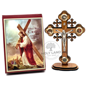 
                  
                    Load image into Gallery viewer, Bethlehem Olive Wood Orthodox Cross on Stand with Holy Elements from the Holy Land with pack
                  
                