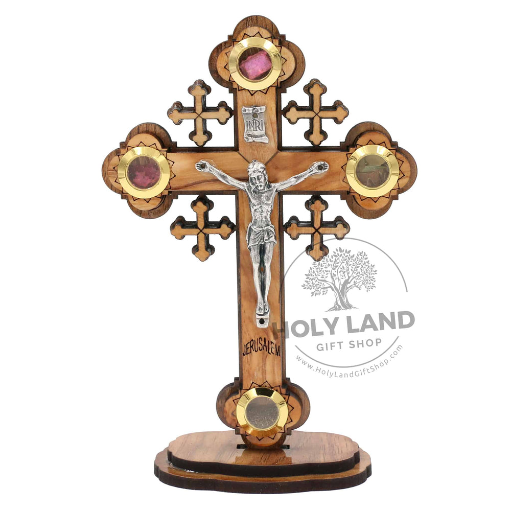 
                  
                    Load image into Gallery viewer, Bethlehem Olive Wood Orthodox Cross on Stand with Holy Elements from the Holy Land
                  
                