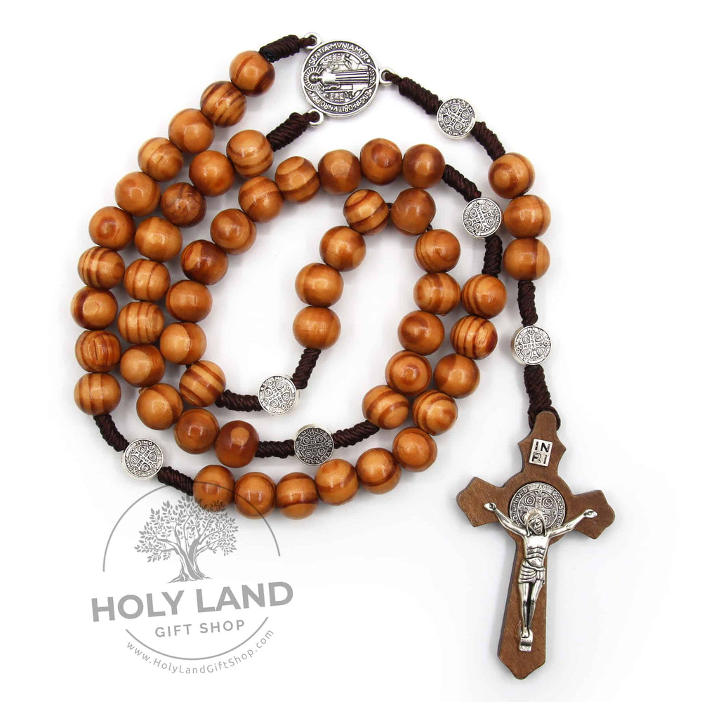 Handmade Olive Wood Saint Benedict Bead Rosary and Cross from the Holy Land Top View