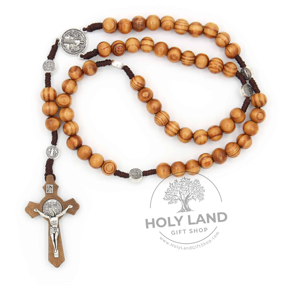 
                  
                    Load image into Gallery viewer, Handmade Olive Wood Saint Benedict Bead Rosary and Cross from the Holy Land
                  
                