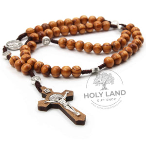 
                  
                    Load image into Gallery viewer, Handmade Olive Wood Saint Benedict Bead Rosary and Cross from the Holy Land Front View
                  
                