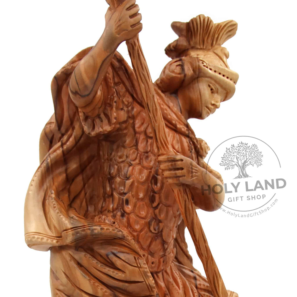 
                  
                    Load image into Gallery viewer, Holy Land Olive Wood St. George Hand Carved Statue Close Up View
                  
                