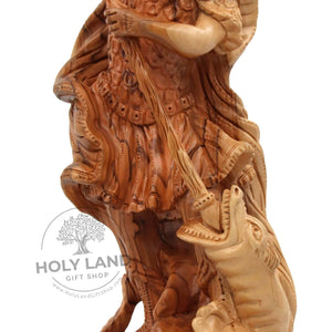 
                  
                    Load image into Gallery viewer, Holy Land Olive Wood St. George Hand Carved Statue Close Up Bottom View
                  
                