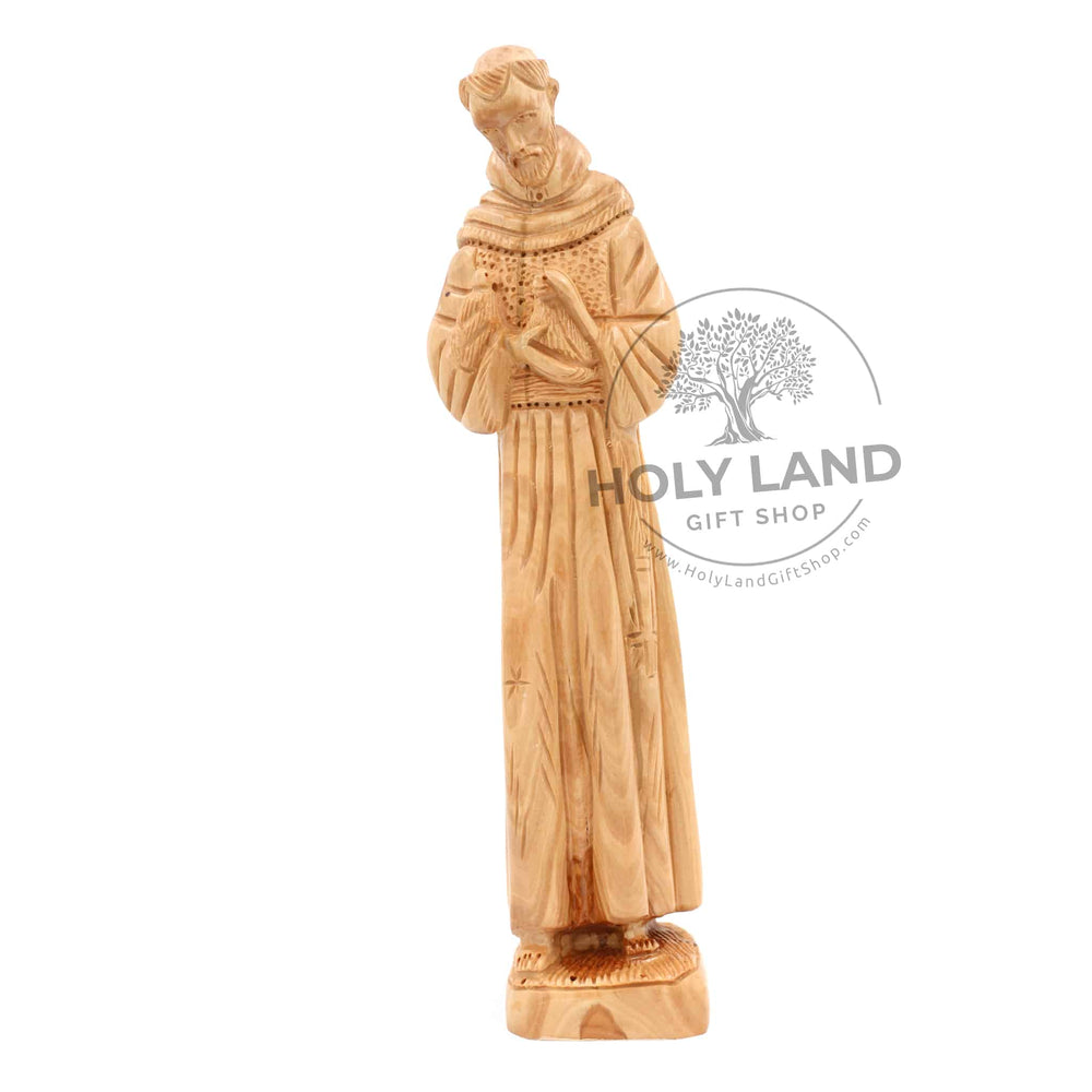 Bethlehem Olive Wood Statue St. Francis of Assisi Holding Birds From the Holy Land Front View