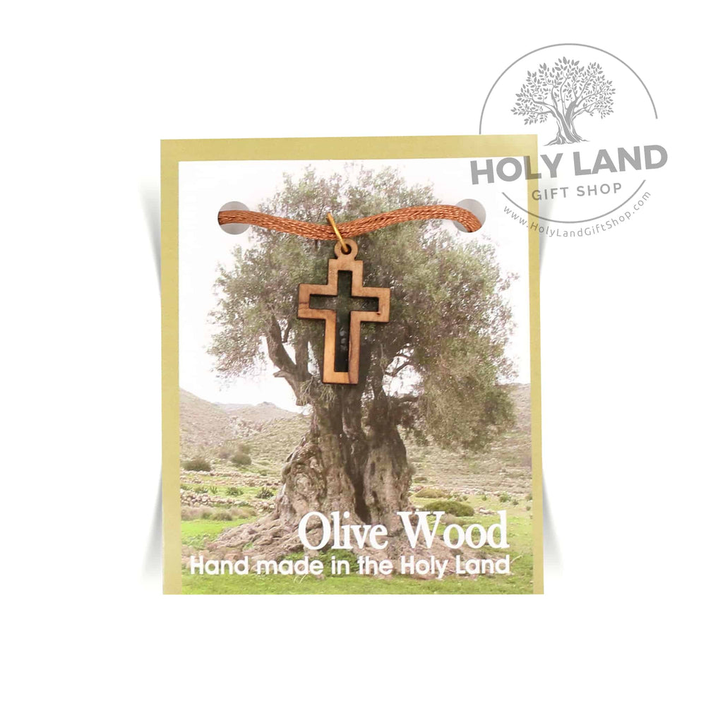 Olive Wood and Cord Handmade Cross Pendant from the Holy Land