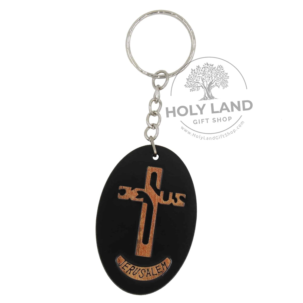 Holy Land Olive wood Jesus Clinging Cross Keychain