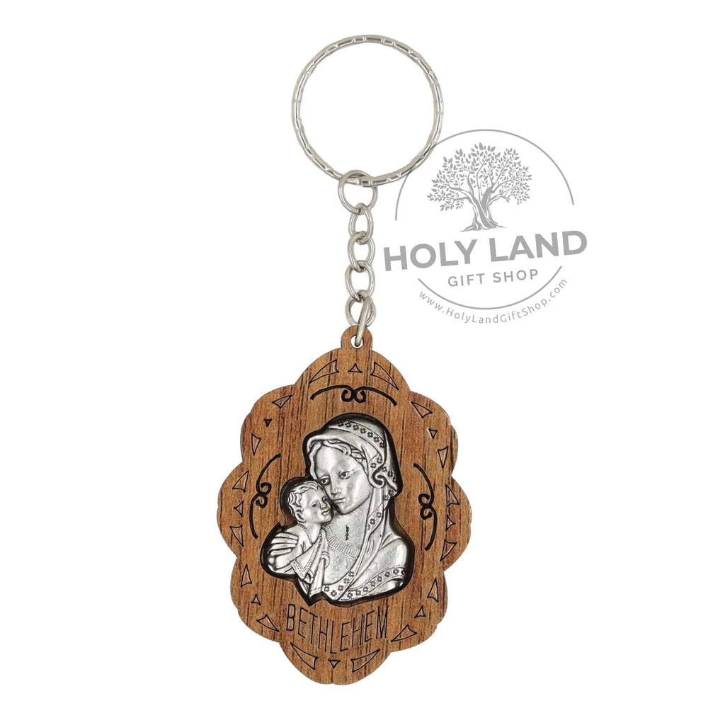 Holy Land Olive wood with inset Madonna and Child Keychain