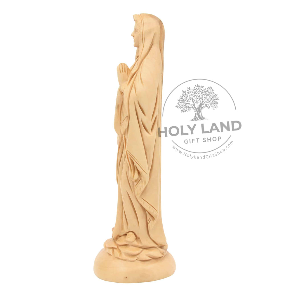 Our Lady of Fatima Virgin Mary carved Holy Land Olive Wood Side View