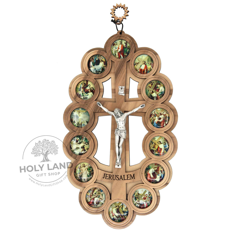 
                  
                    Load image into Gallery viewer, Oval Olive Wood Crucifix Plaque with 14 Stations of the Cross Front View
                  
                