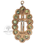 Oval Olive Wood Crucifix Plaque with 14 Stations of the Cross Front View