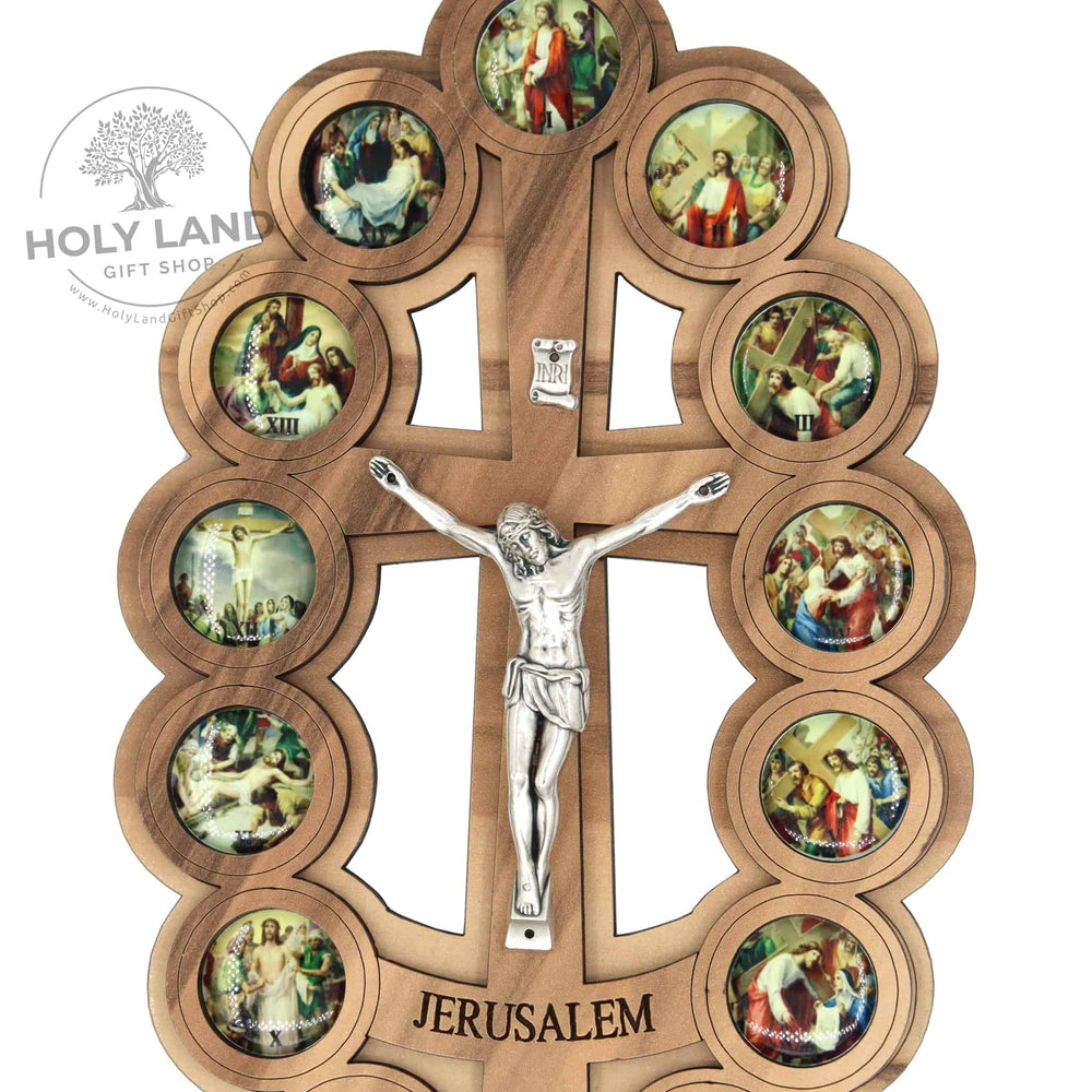 
                  
                    Load image into Gallery viewer, Oval Olive Wood Crucifix Plaque with 14 Stations of the Cross Close-up Top View
                  
                