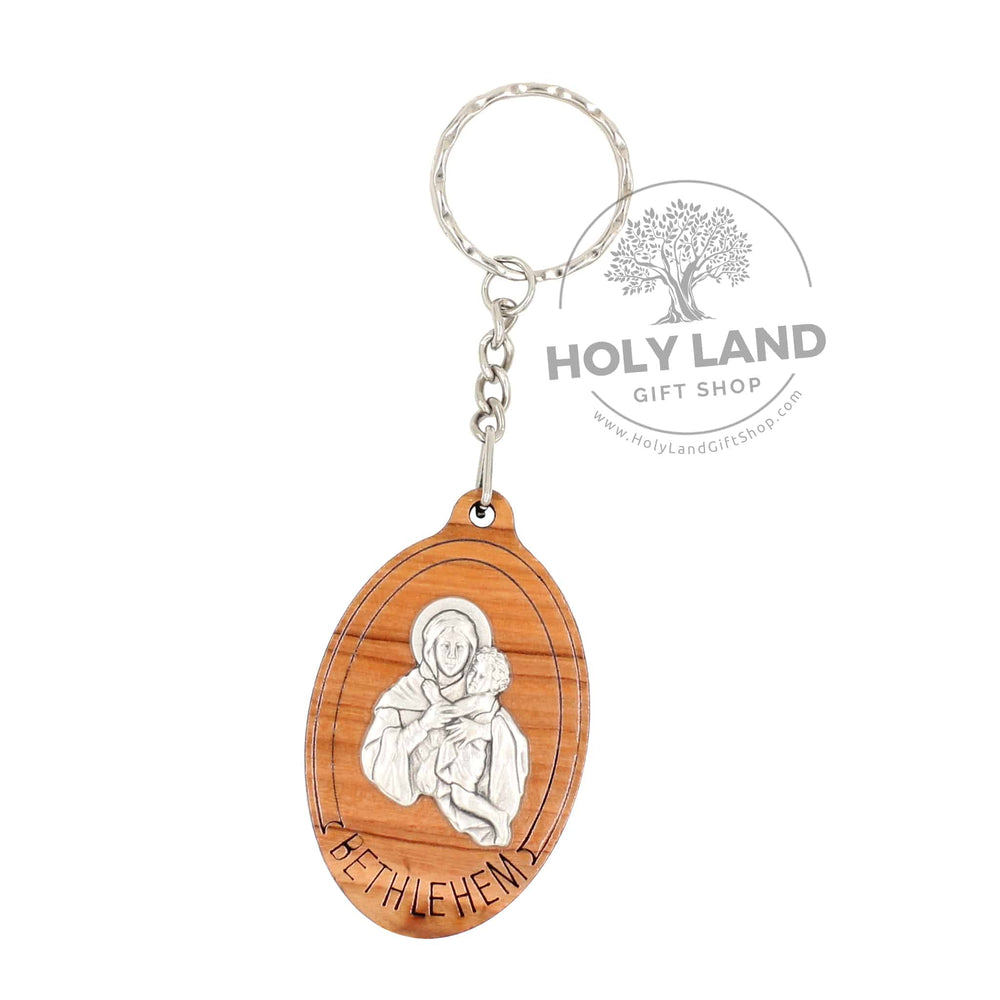 Oval Virgin Mary and Baby Jesus Olive Wood Key Chain from the Holy Land