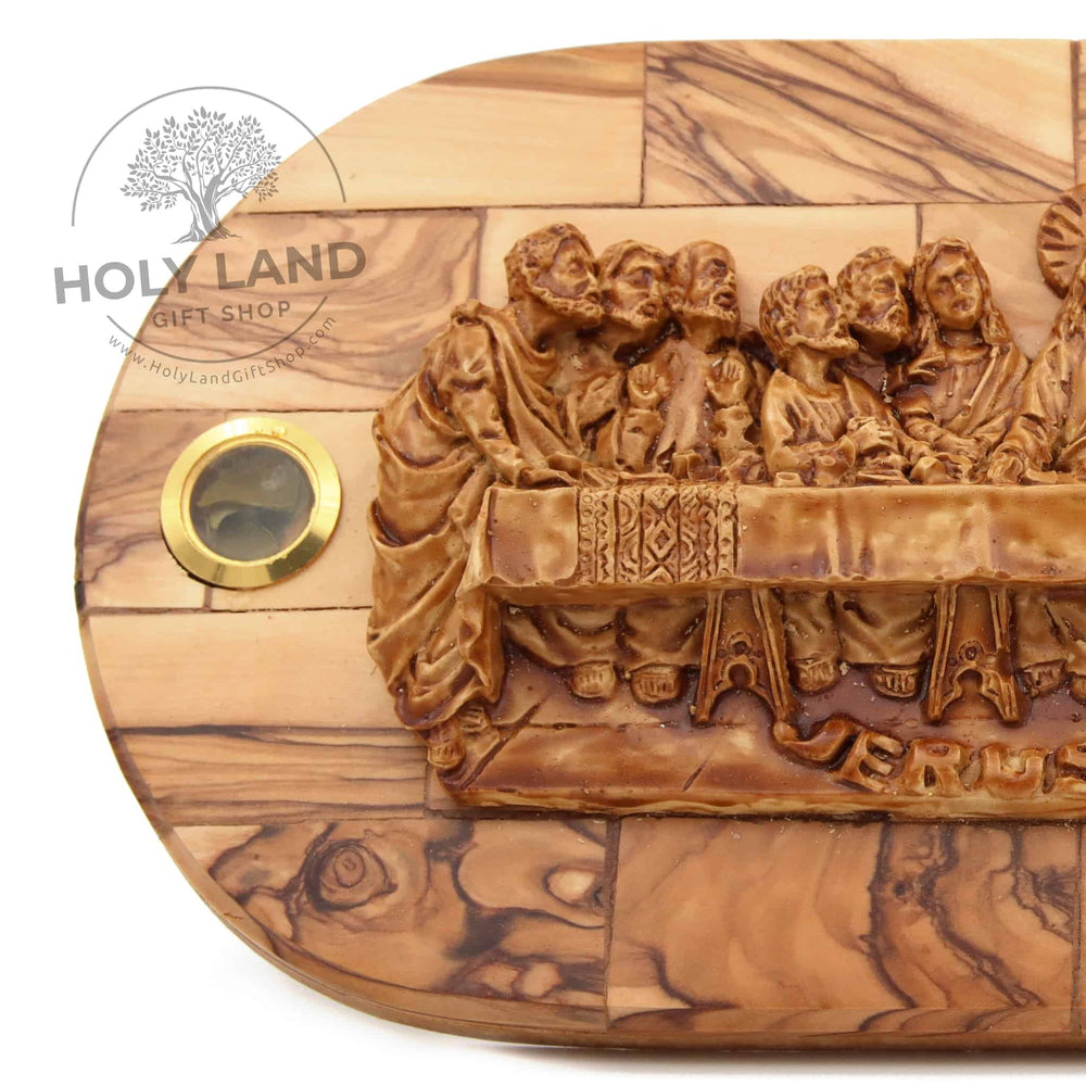 
                  
                    Load image into Gallery viewer, Jerusalem Oval Olive Wood Last Supper Plaque Left Close UpView
                  
                