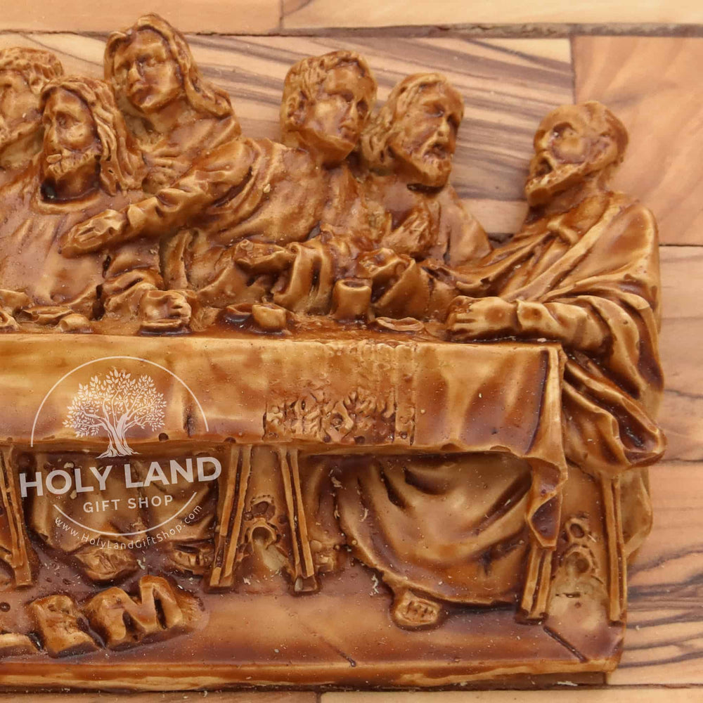 
                  
                    Load image into Gallery viewer, Jerusalem Oval Olive Wood Last Supper Plaque Close Up View
                  
                